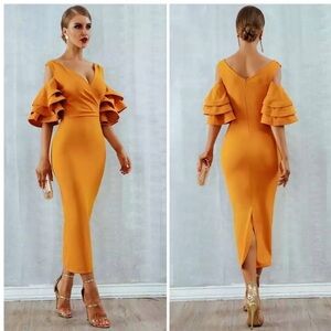 Bodycon Club Dress Sexy Deep V Neck Ruffles Butterfly Short Sleeve Midi